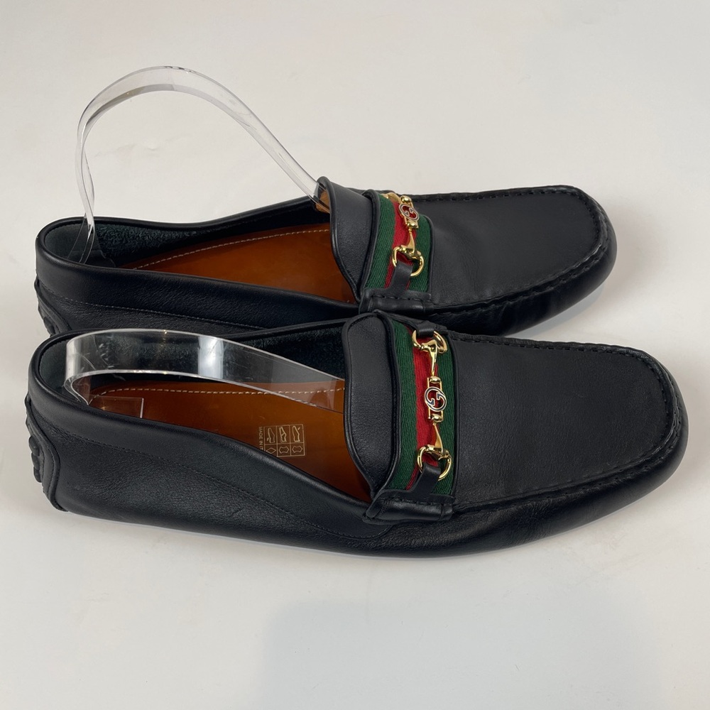 GUCCI Black Leather Driving Loafer Flat LOGO Horsebit Green Red Stripe MENS 11 - Picture 3 of 13